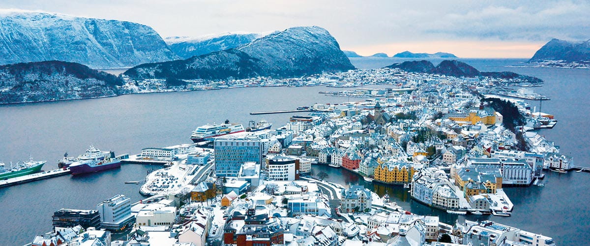A view over Ålesund in the snow, Norway